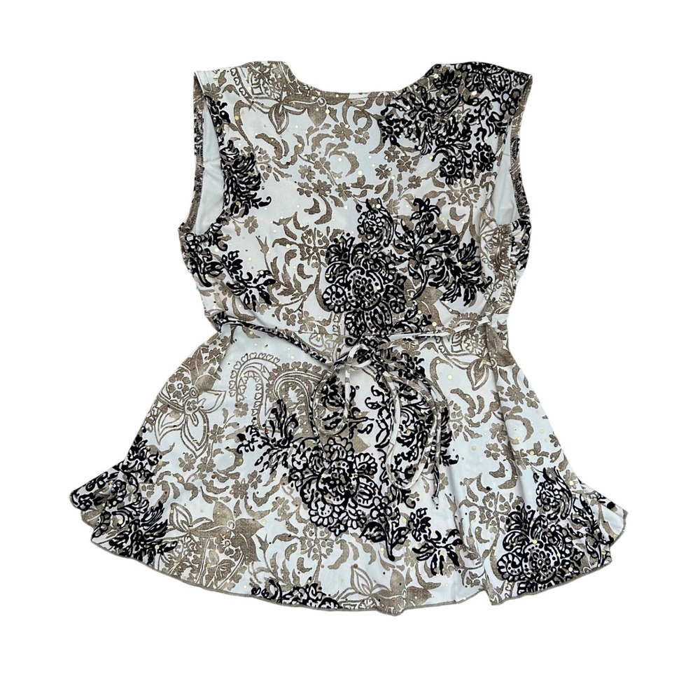 Womens Large Paisley Sequin babydoll Top Black Tan Sleeveless Tie Back L boho - Picture 2 of 7
